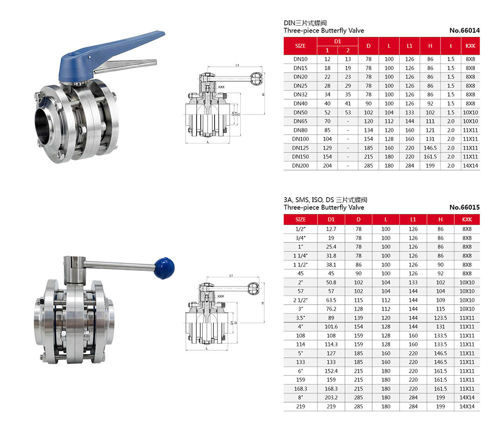 Drawing of stainless steel sanitary manual butterfly valves