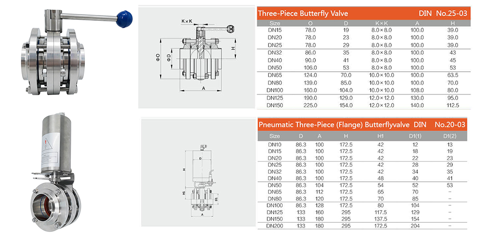 sanitary pneumatic three-piece butterfly valves