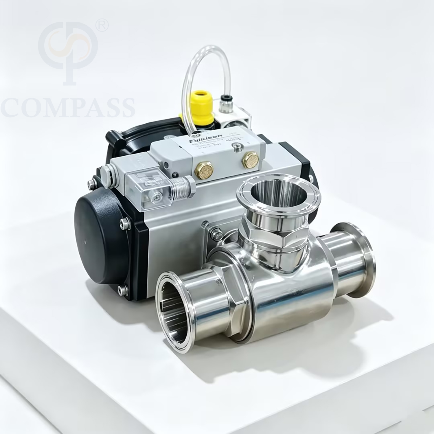 2'' SS316L Pneumatic Three-way T Port Tri-Clamp Ball Valve with 24V Solenoid Valve and Limit Switch and Pressure Reducing Valve