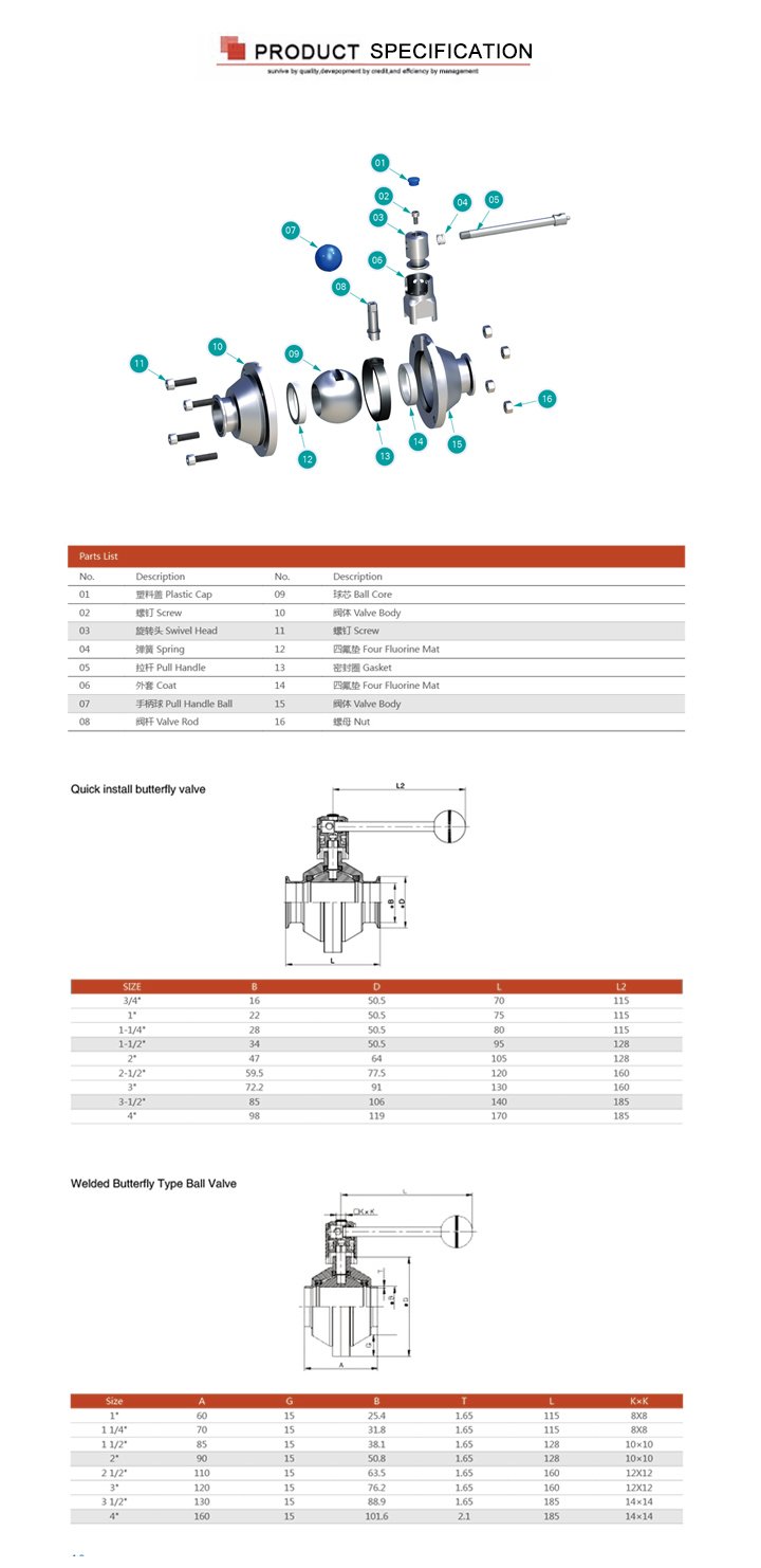 SS304 SS316L Stainless Steel Sanitary Butterfly Type Welded Ball Valve