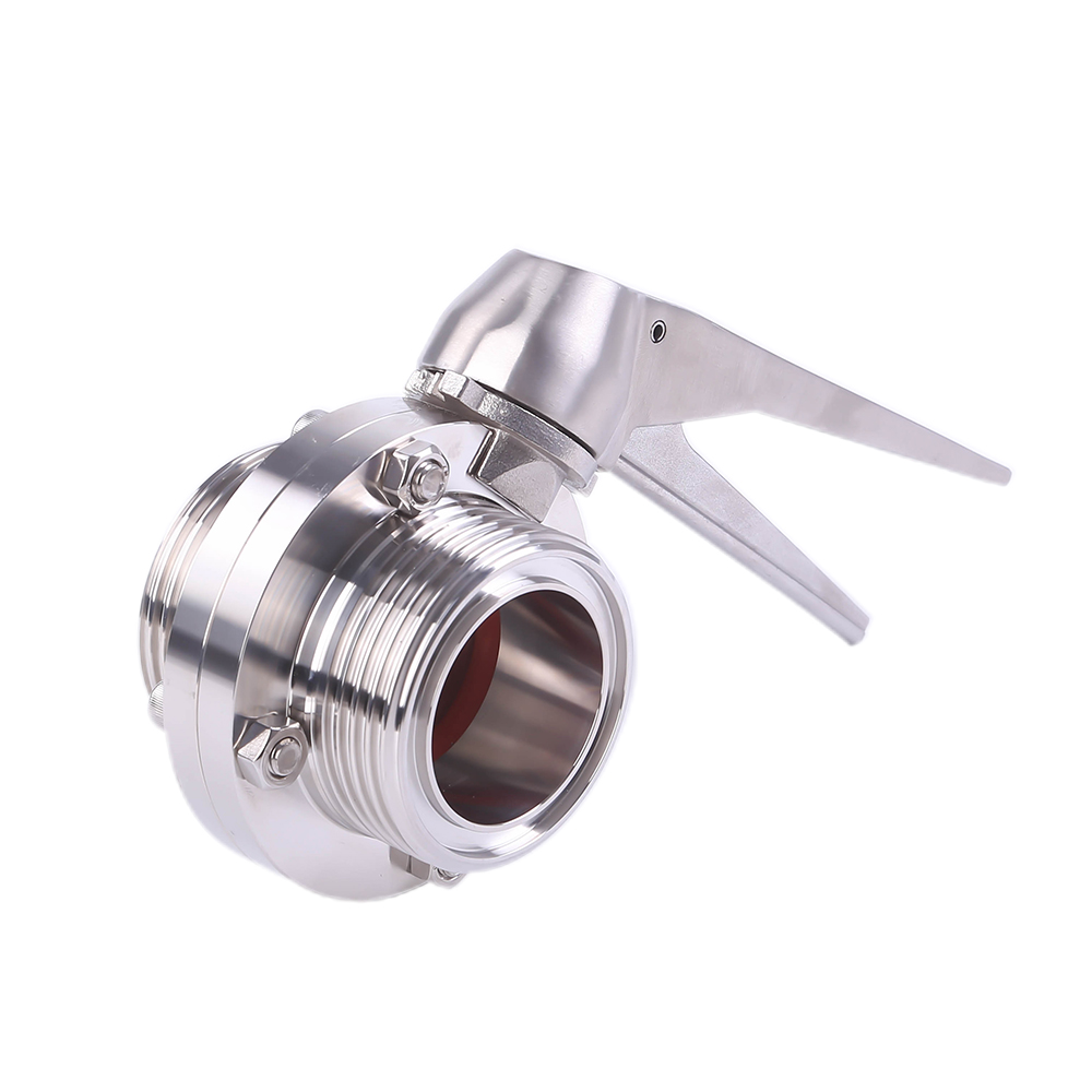 DN25 RD52×1/6 Sanitary Hygienic Stainless Steel Food Grade SS304 Manual Threaded Butterfly Valve with Stainless Steel Gripple Handle