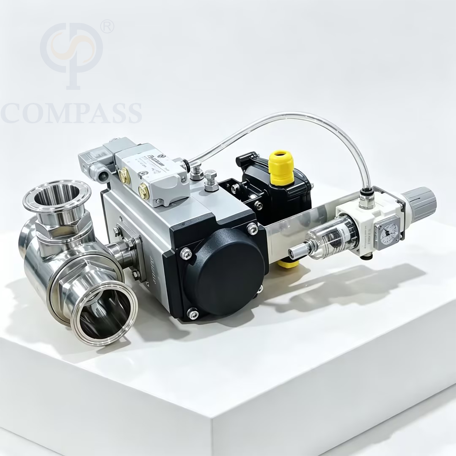 2'' SS316L Pneumatic Three-way T Port Tri-Clamp Ball Valve with 24V Solenoid Valve and Limit Switch and Pressure Reducing Valve