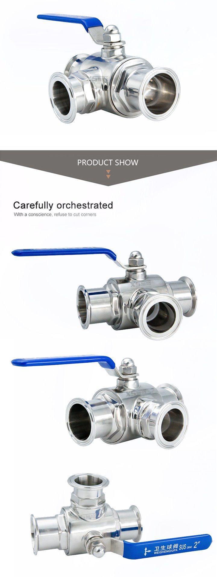 Stainless Steel Hygienic PTFE Seat Three Ways Ball Valves with Clamp Ends