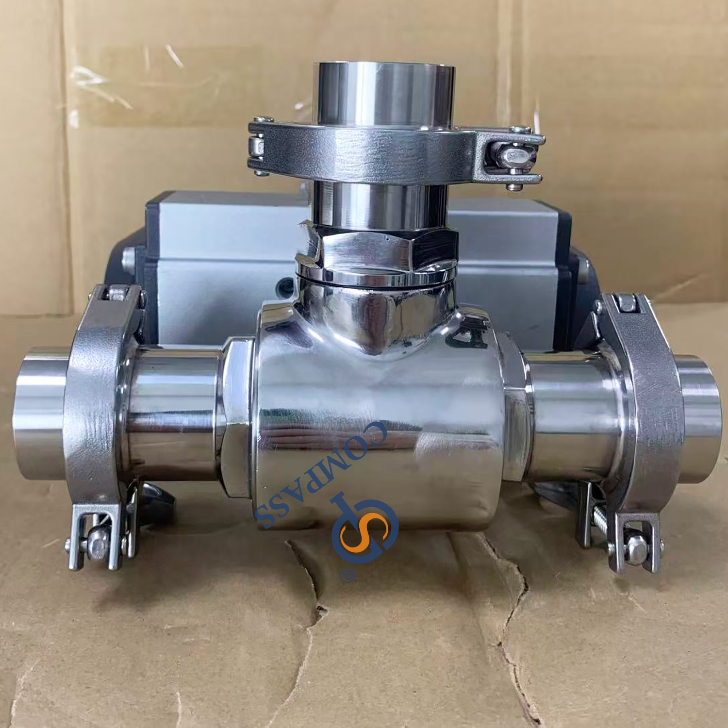 Double Acting 2Inch SS316L 3 Way Pneumatic Ball Valve with Clamp Ferrule Set End