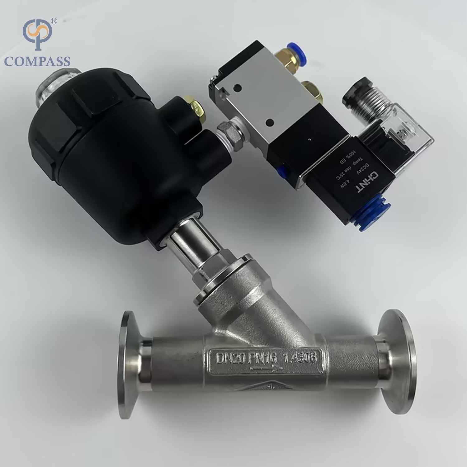 TRI-CLAMP PNEUMATIC PLASTIC HEAD ANGLE SEAT VALVE WITH SOLENOID VALVE