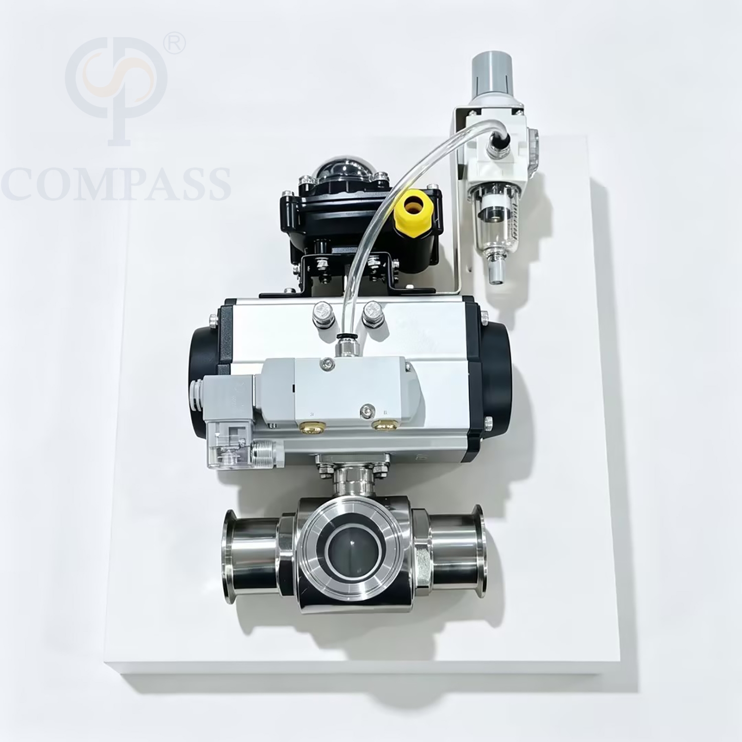 2'' SS316L Pneumatic Three-way T Port Tri-Clamp Ball Valve with 24V Solenoid Valve and Limit Switch and Pressure Reducing Valve