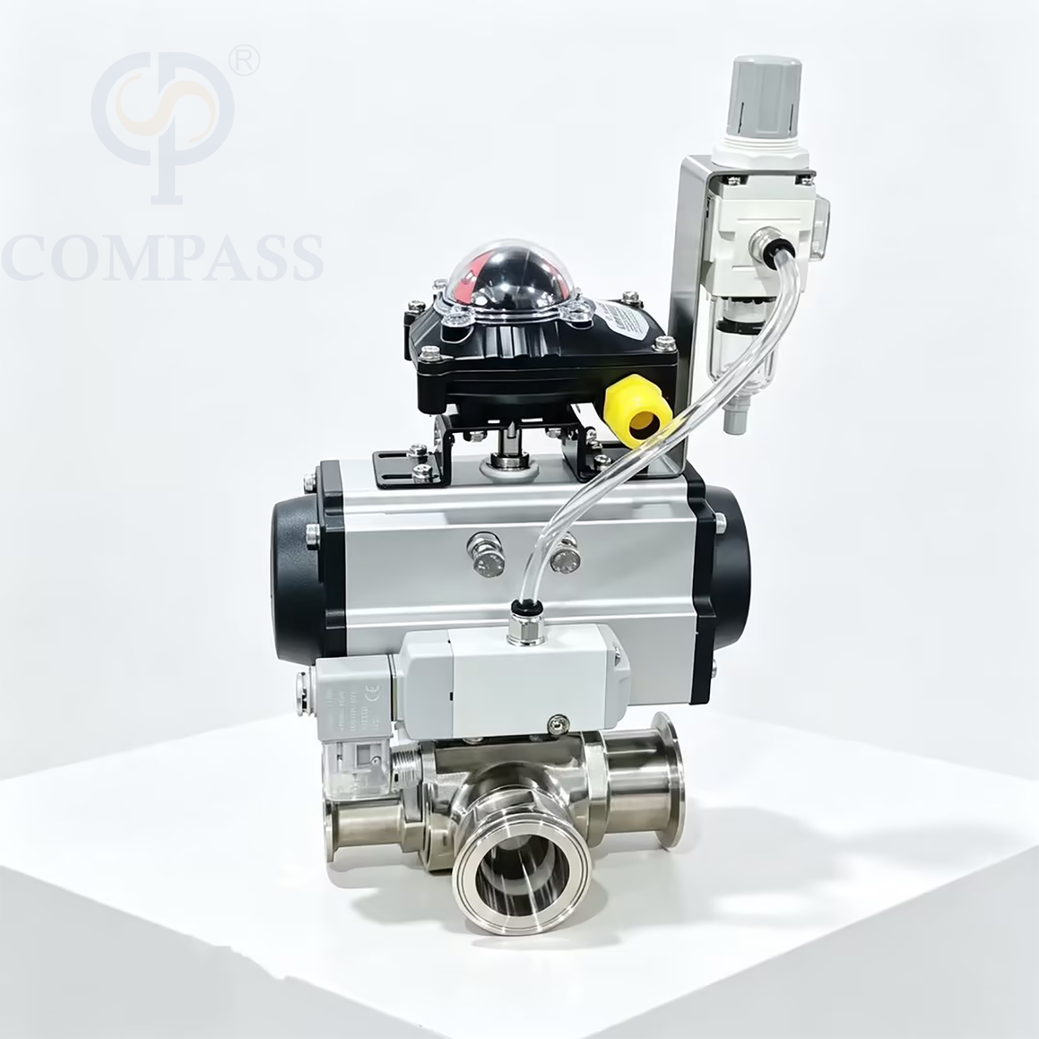2'' SS316L Pneumatic Three-way T Port Tri-Clamp Ball Valve with 24V Solenoid Valve and Limit Switch and Pressure Reducing Valve