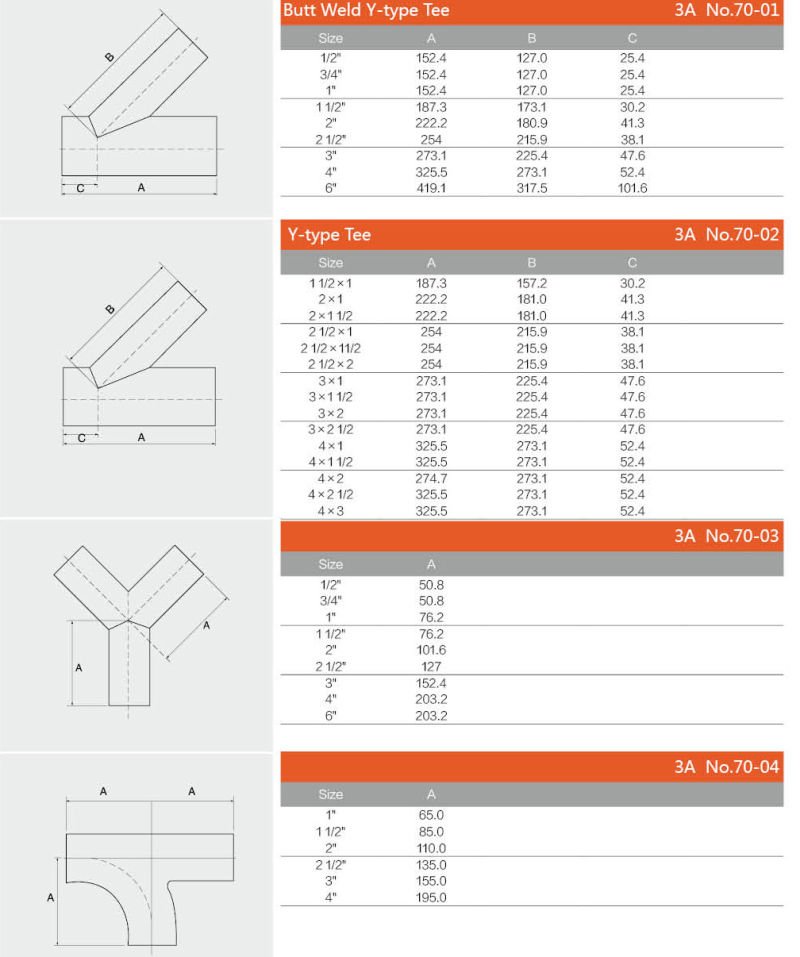 Stainless Steel Sanitary 45 Degree Lateral Y Type Tee with Tri Clamp