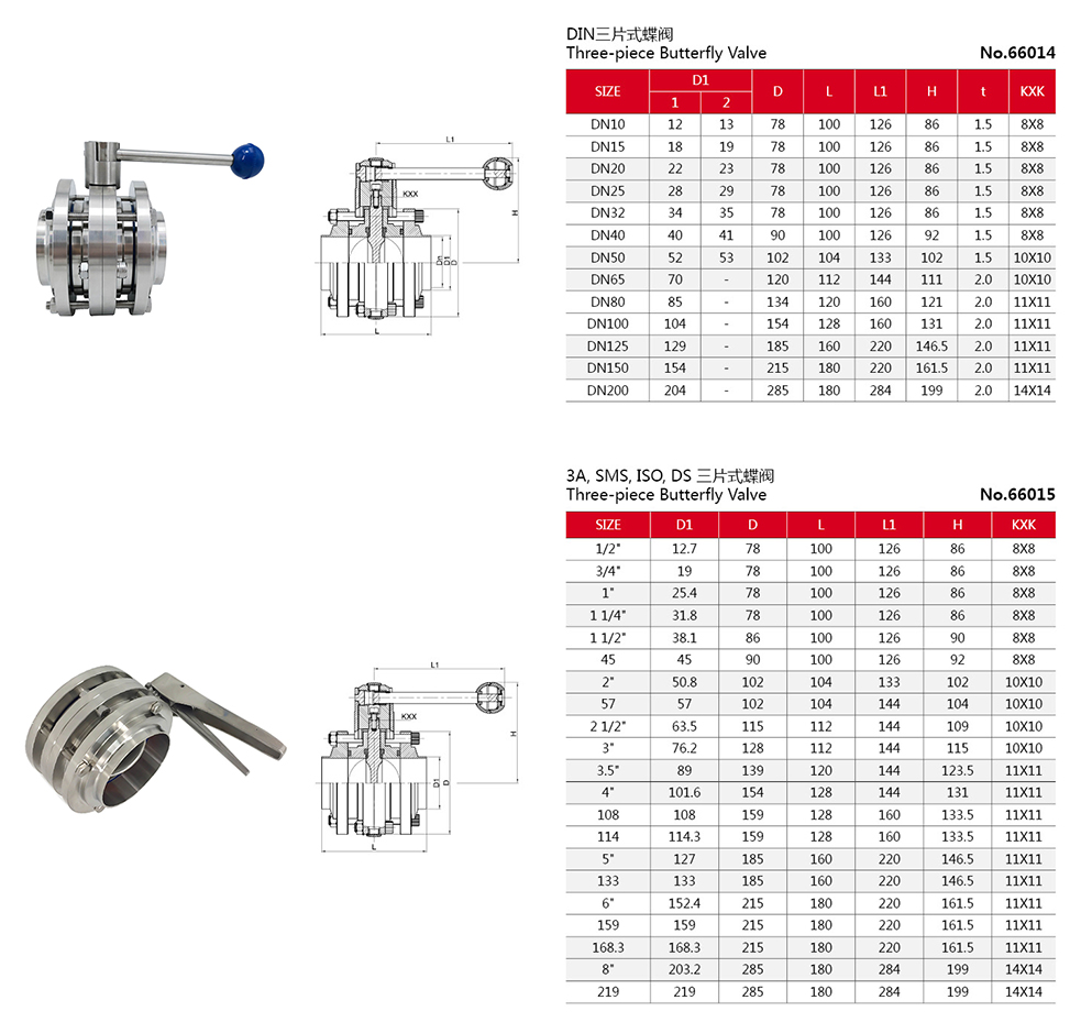 sanitary manual three-piece butterfly valves