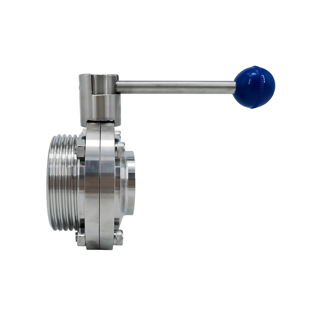 DN100 RD130×1/4 Sanitary Hygienic Stainless Steel Food Grade SS304 DIN Manual Thread-weld Butterfly Valve with Stainless Steel Square Pull Handle