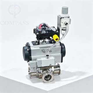 2'' SS316L Pneumatic Three-way T Port Tri-Clamp Ball Valve with 24V Solenoid Valve and Limit Switch and Pressure Reducing Valve