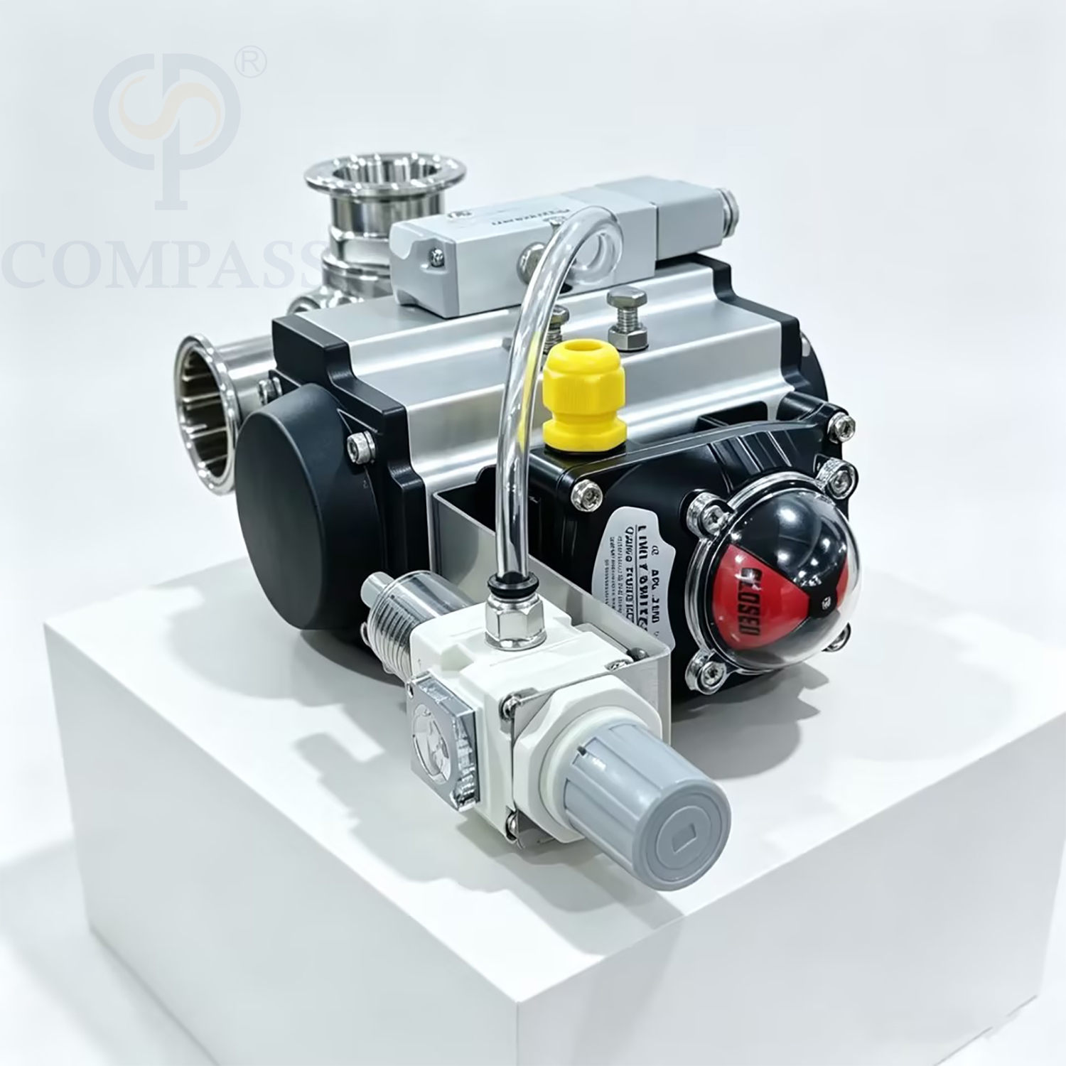 2'' SS316L Pneumatic Three-way T Port Tri-Clamp Ball Valve with 24V Solenoid Valve and Limit Switch and Pressure Reducing Valve