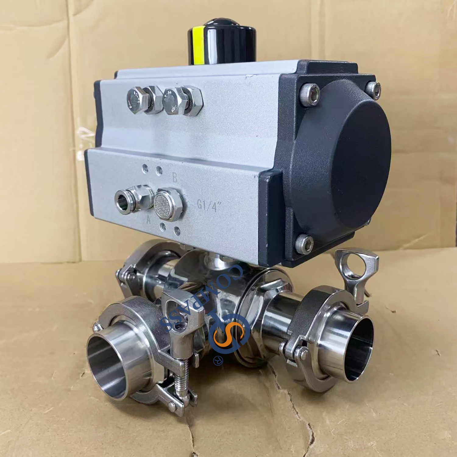 Double Acting 2Inch SS316L 3 Way Pneumatic Ball Valve with Clamp Ferrule Set End