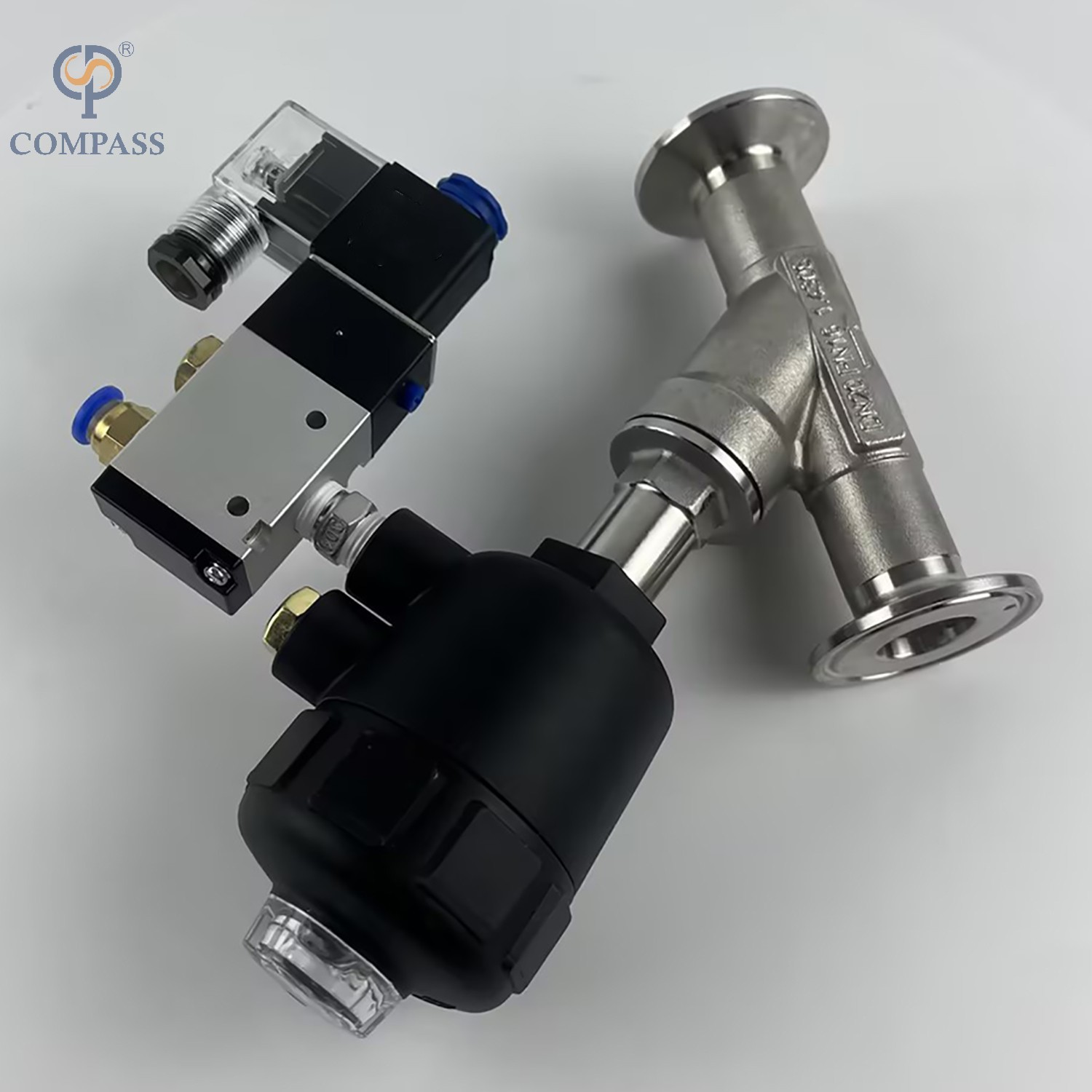 TRI-CLAMP PNEUMATIC PLASTIC HEAD ANGLE SEAT VALVE WITH SOLENOID VALVE