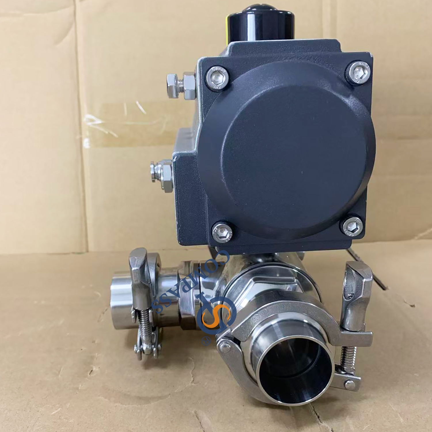 Double Acting 2Inch SS316L 3 Way Pneumatic Ball Valve with Clamp Ferrule Set End