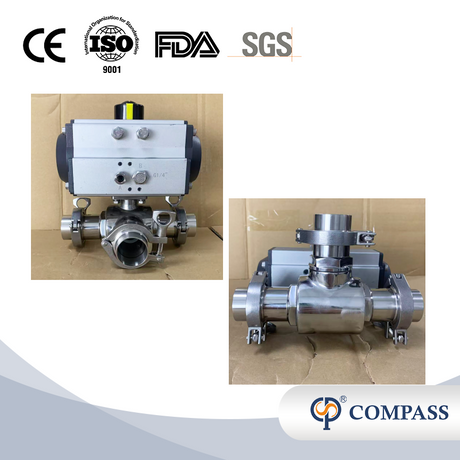 Double Acting 2Inch SS316L 3 Way Pneumatic Ball Valve with Clamp Ferrule Set End
