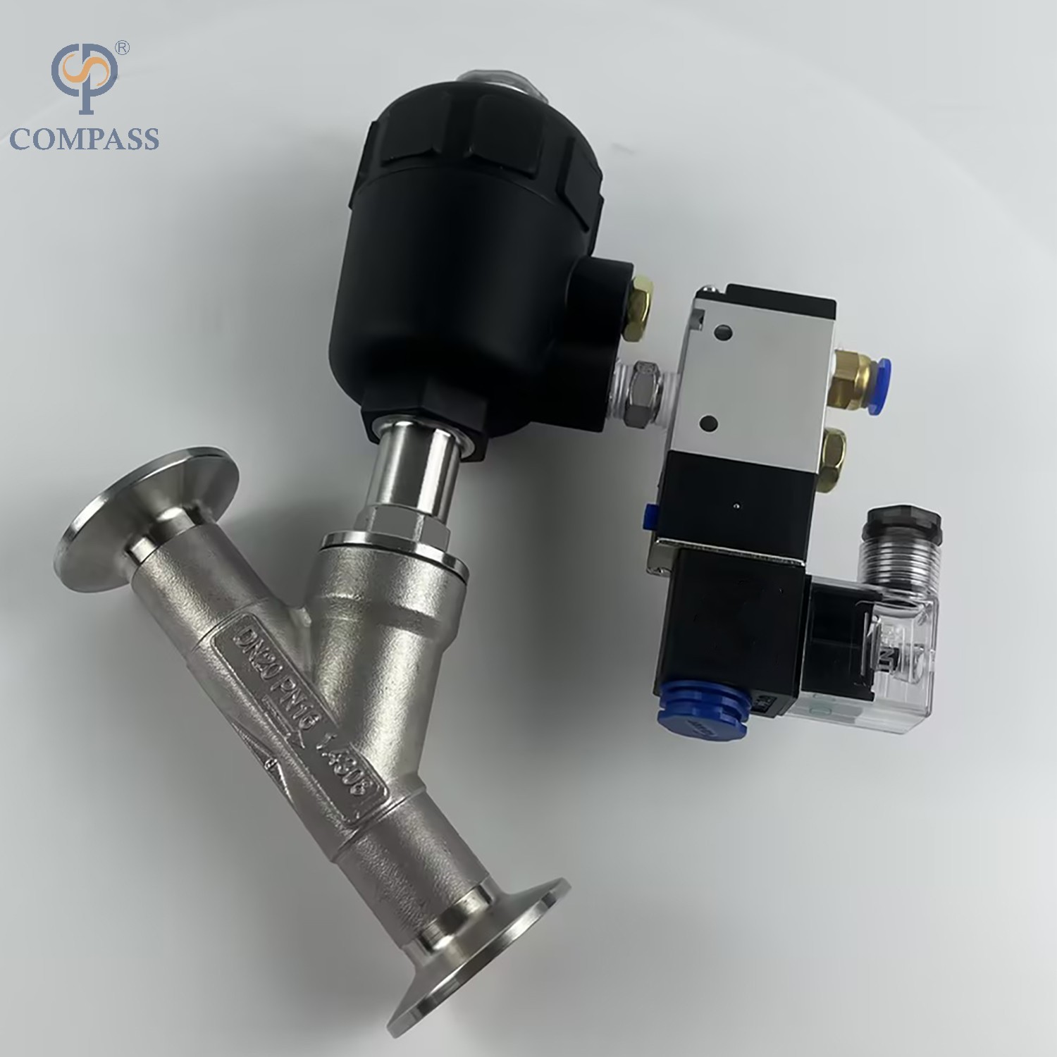 TRI-CLAMP PNEUMATIC PLASTIC HEAD ANGLE SEAT VALVE WITH SOLENOID VALVE