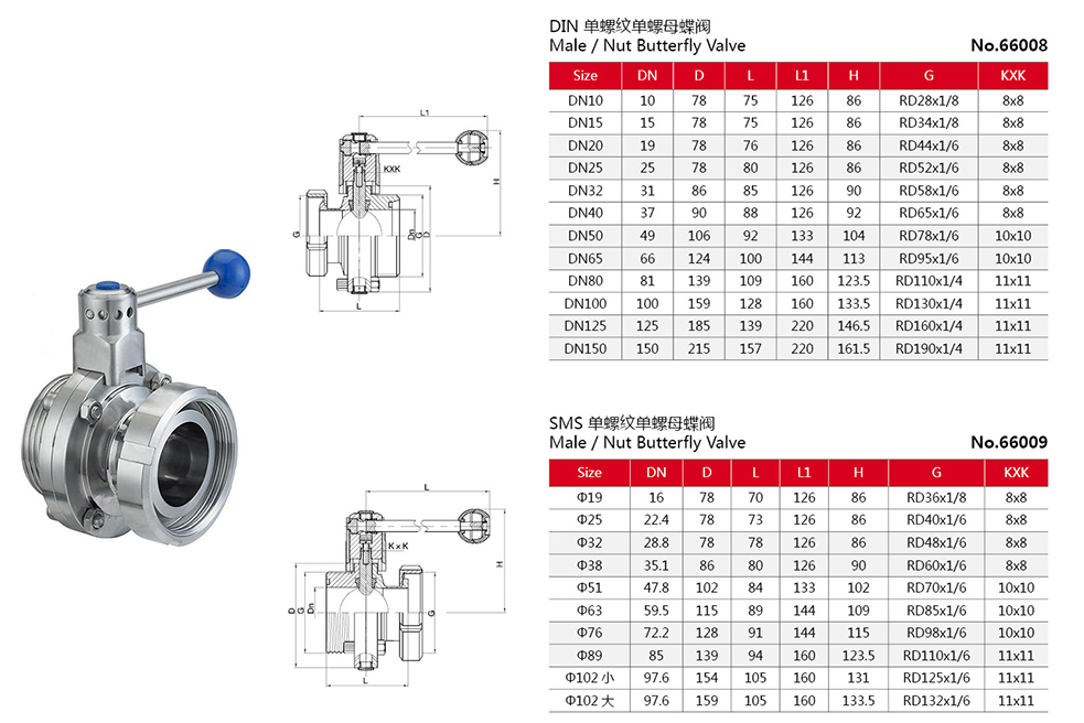 drawing of sanitary male nut butterfly valves