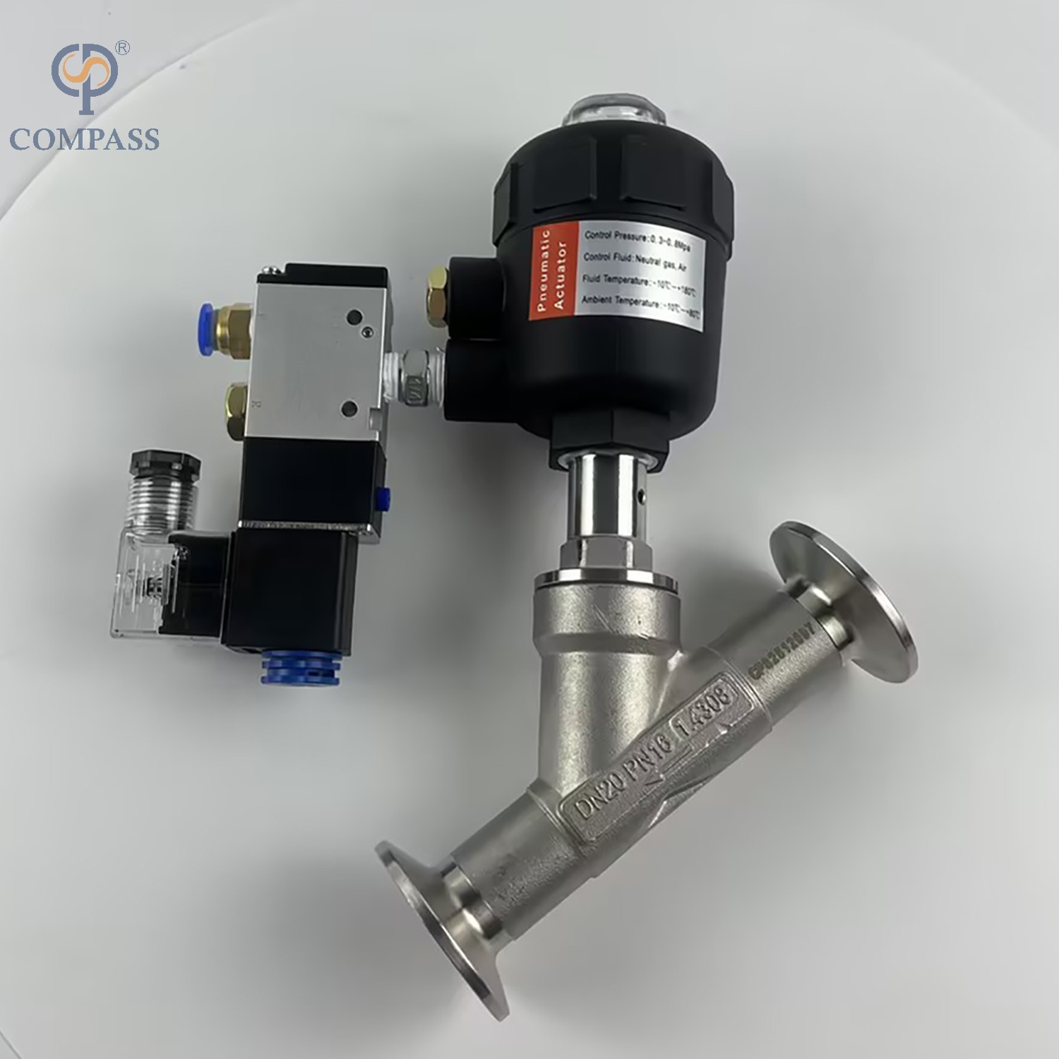 TRI-CLAMP PNEUMATIC PLASTIC HEAD ANGLE SEAT VALVE WITH SOLENOID VALVE