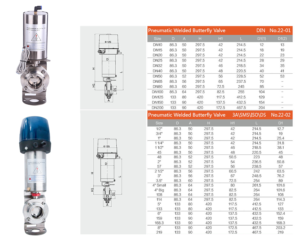 sanitary weld pneumatic butterfly valve with control head